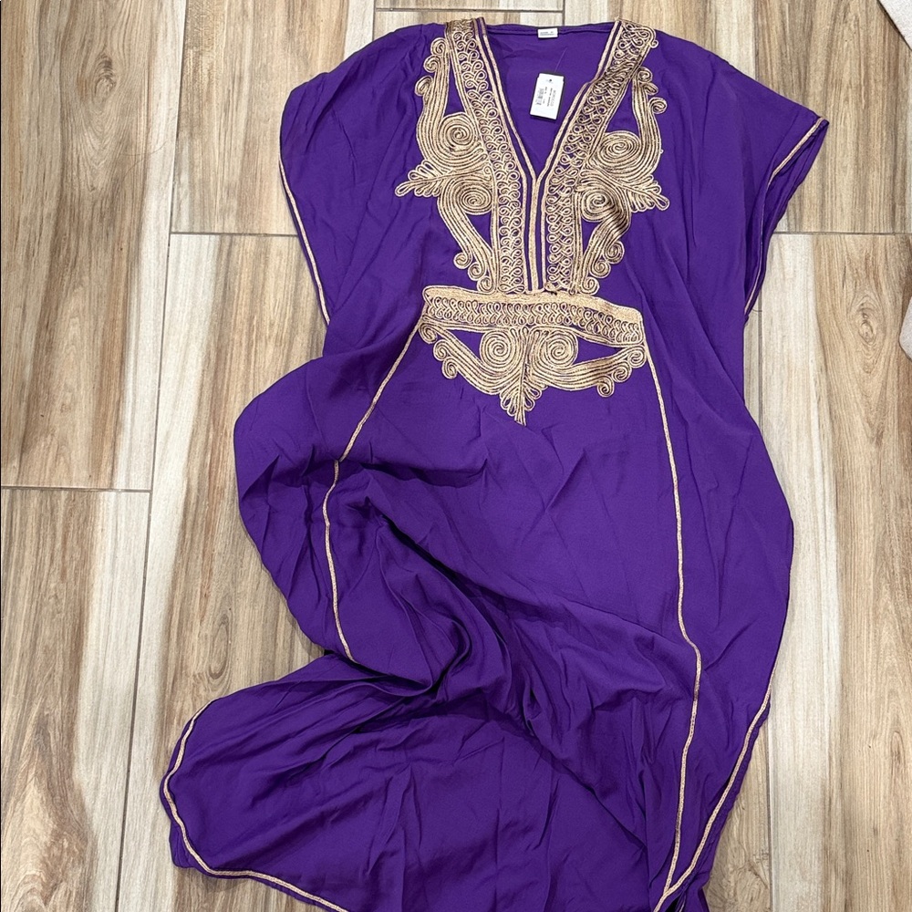 NWT Elegant Purple Maxi Dress with Gold Embroidery